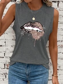 EMERY ROSE Leopard & Lip Print Tank Top - Dark Grey - View 4