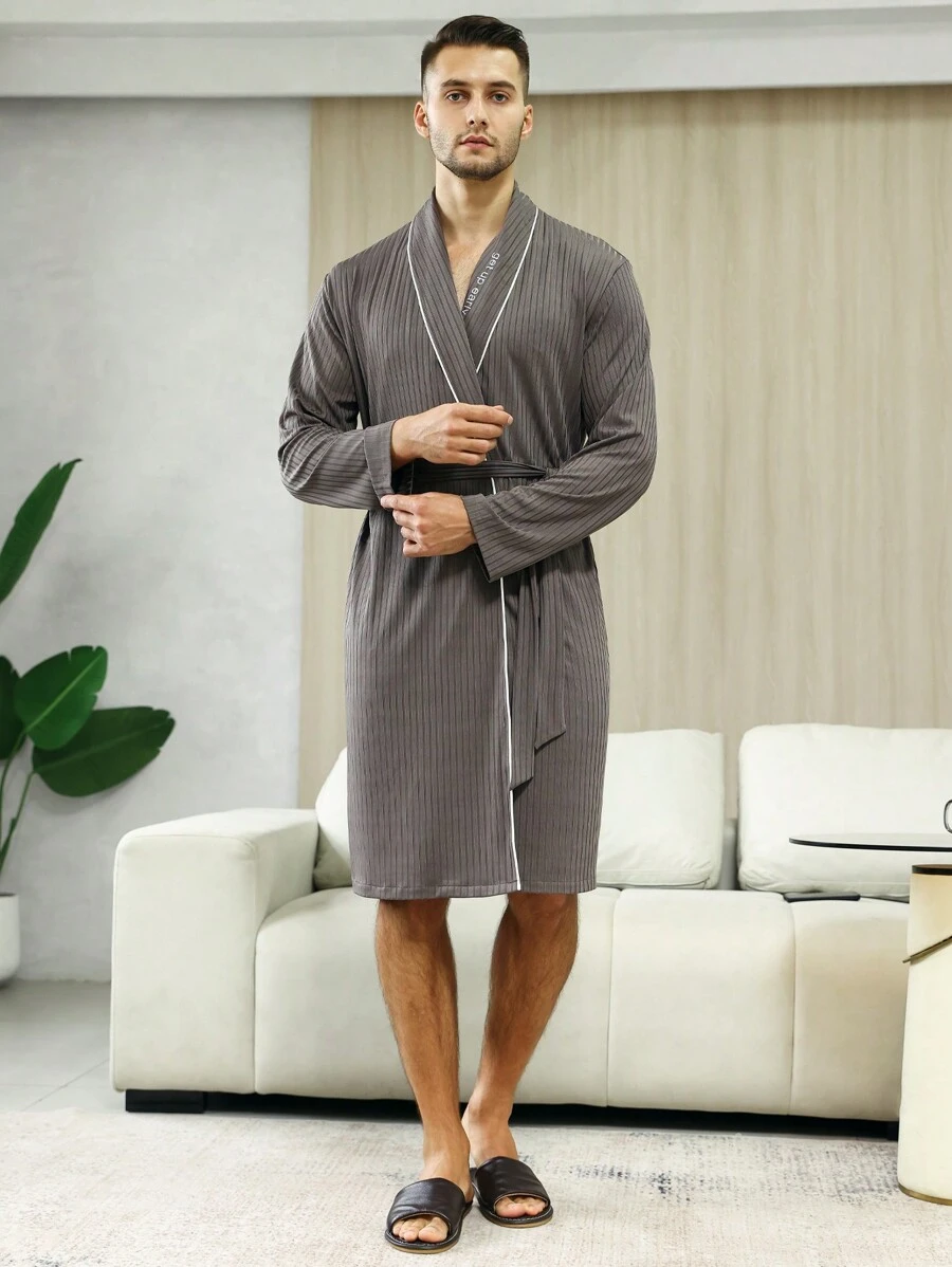 男士標語圖案拼接滾邊附腰帶睡袍 - 灰色 - 查看 1