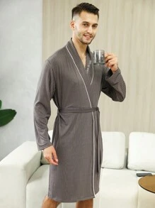 男士標語圖案拼接滾邊附腰帶睡袍 - 灰色 - 查看 3