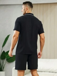 男士拼接滾邊睡衣套裝 - 黑色 - 查看 2