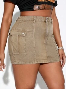 SHEIN SXY Plus Flap Pocket Denim Skirt - Khaki - View 5