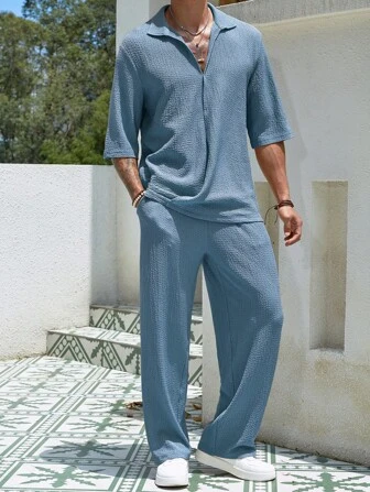Guys Solid Half Button Shirt & Pants
