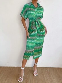Breezaya 滿版印花蝙蝠袖腰帶襯衫洋裝 - 綠色 - 查看 5