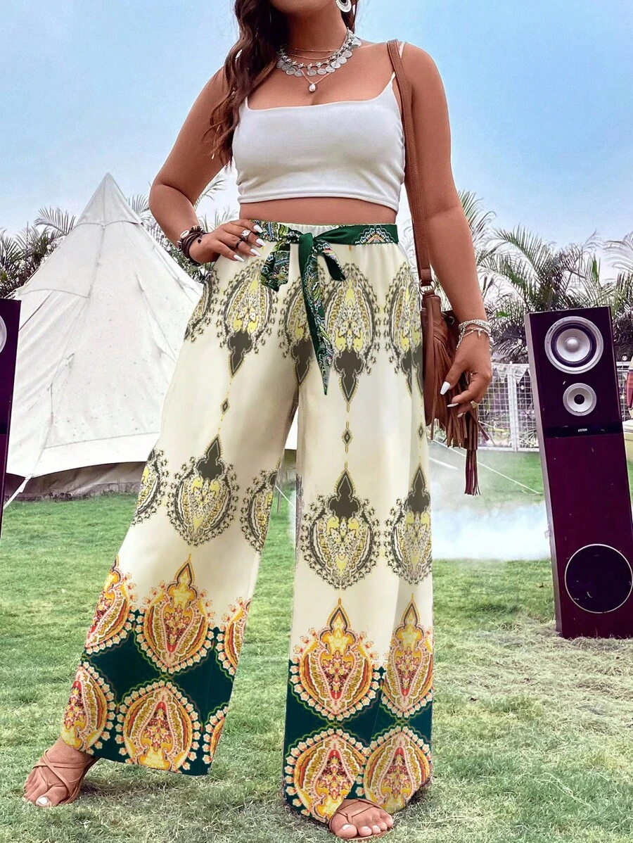 SHEIN Holidaya Quần Plus Size Thắt nơ trước Bộ lạc Boho - Màu be - Xem 1