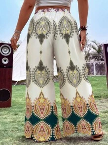SHEIN Holidaya Quần Plus Size Thắt nơ trước Bộ lạc Boho - Màu be - Xem 2