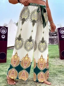 SHEIN Holidaya Quần Plus Size Thắt nơ trước Bộ lạc Boho - Màu be - Xem 4