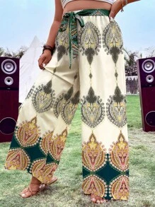 SHEIN Holidaya Quần Plus Size Thắt nơ trước Bộ lạc Boho - Màu be - Xem 6