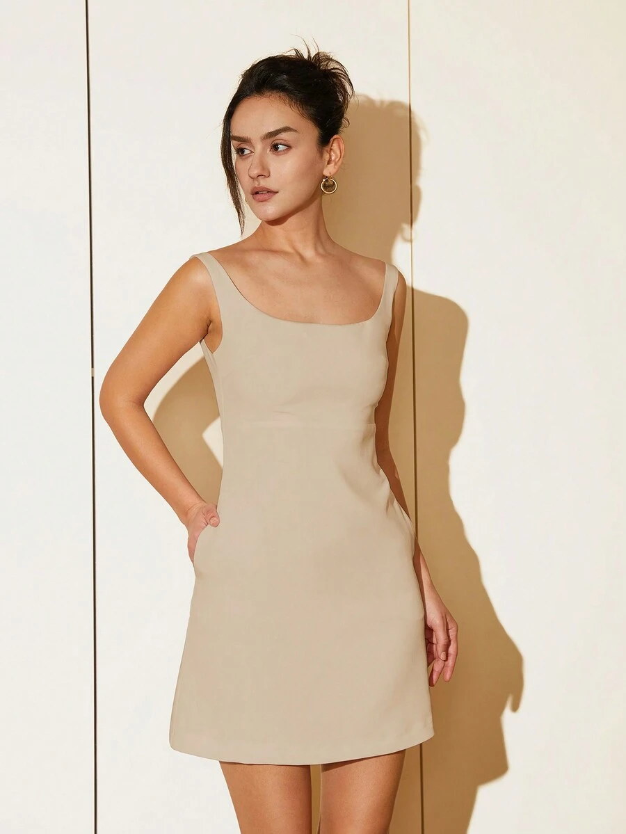 Abito mini senza maniche monocolore in vita, outfit estivo casual da ufficio per le donne - Cachi - Visualizzare 1