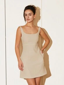 Abito mini senza maniche monocolore in vita, outfit estivo casual da ufficio per le donne - Cachi - Visualizzare 5