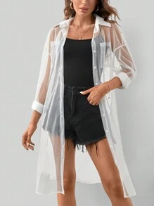 SHEIN LUNE Drop Shoulder Button Front Sheer Mesh Shirt Without Cami Top - White - View 1