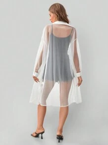 SHEIN LUNE Drop Shoulder Button Front Sheer Mesh Shirt Without Cami Top - White - View 2