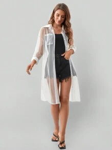 SHEIN LUNE Drop Shoulder Button Front Sheer Mesh Shirt Without Cami Top - White - View 5