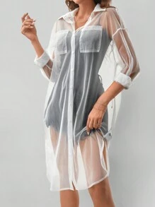 SHEIN LUNE Drop Shoulder Button Front Sheer Mesh Shirt Without Cami Top - White - View 6