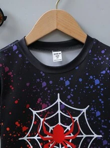 SHEIN 男童蜘蛛圖案印花短袖T恤，炫酷潑墨設計，寬鬆舒適休閒風，夏季 - 黑色 - 查看 5