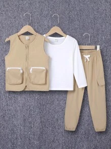 SHEIN 小男童T恤和雙口袋夾克背心和褲子套裝 - 彩色 - 查看 1