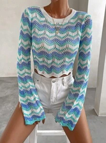 SHEIN Essnce Chevron Pattern Scallop Trim Pointelle Knit Crop Jumper - Multicolor - View 4