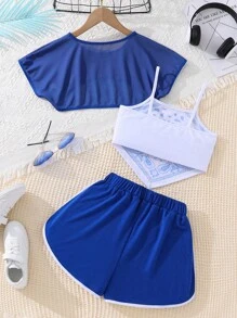 cô gái mười hai In hoa Paisley Áo Cami & Quần short & Áo thun Super Crop - Xanh và trắng - Xem 2