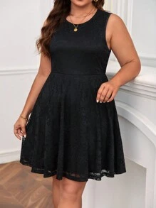 SHEIN Frenchy Đầm Plus Size Cắt ra Ren màu trơn Thanh lịch - màu đen - Xem 2