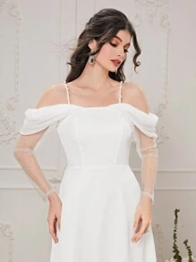 Mulvari Đầm Tương phản Mesh Ngọc trai Dây kéo màu trơn Thanh lịch - trắng - Xem 4
