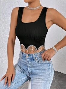 SHEIN Privé Rhinestone Fringe Trim Crop Tank Top - Black - View 4
