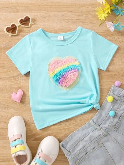 SHEIN Young Girl Light Blue Rainbow Heart Patch 3D Design Round Neck T-Shirt