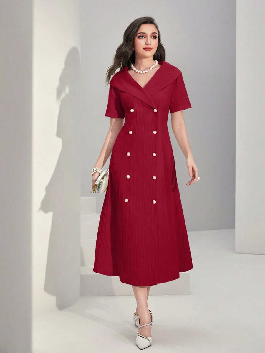 Modelyn Vestido rojo burdeos sólido de doble botonadura - Burdeos - Ver 1