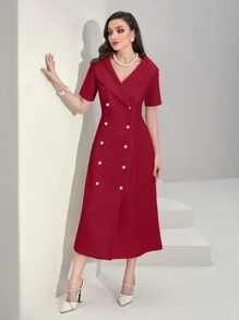 Modelyn Vestido rojo burdeos sólido de doble botonadura - Burdeos - Ver 3