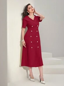 Modelyn Vestido rojo burdeos sólido de doble botonadura - Burdeos - Ver 4