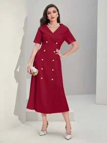 Modelyn Vestido rojo burdeos sólido de doble botonadura - Burdeos - Ver 5