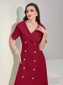 Modelyn Vestido rojo burdeos sólido de doble botonadura - Burdeos - Ver 6