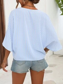 SHEIN LUNE Striped Batwing Sleeve Button Front Blouse - Blue and White - View 2
