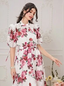 Mulvari Floral Print Puff Sleeve Belted Dress - Multicolor - View 4