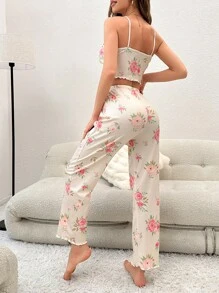 花卉印花生菜边吊带上衣和裤子睡衣套装 / 睡衣套装 - 米色 - 查看 2