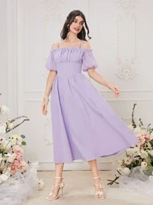 Mulvari Vai lạnh Nếp gấp Phần Ngực Đầm - Màu Lilac Tím - Xem 4
