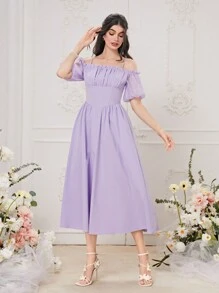 Mulvari Vai lạnh Nếp gấp Phần Ngực Đầm - Màu Lilac Tím - Xem 5