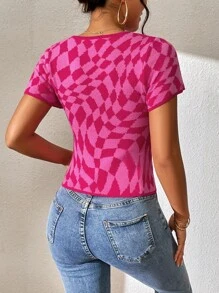 SHEIN Essnce Áo dệt kim nữ Hình học Giải trí - Màu Hồng Tươi - Xem 2