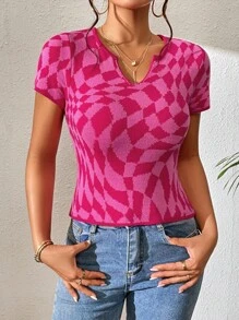 SHEIN Essnce Áo dệt kim nữ Hình học Giải trí - Màu Hồng Tươi - Xem 3