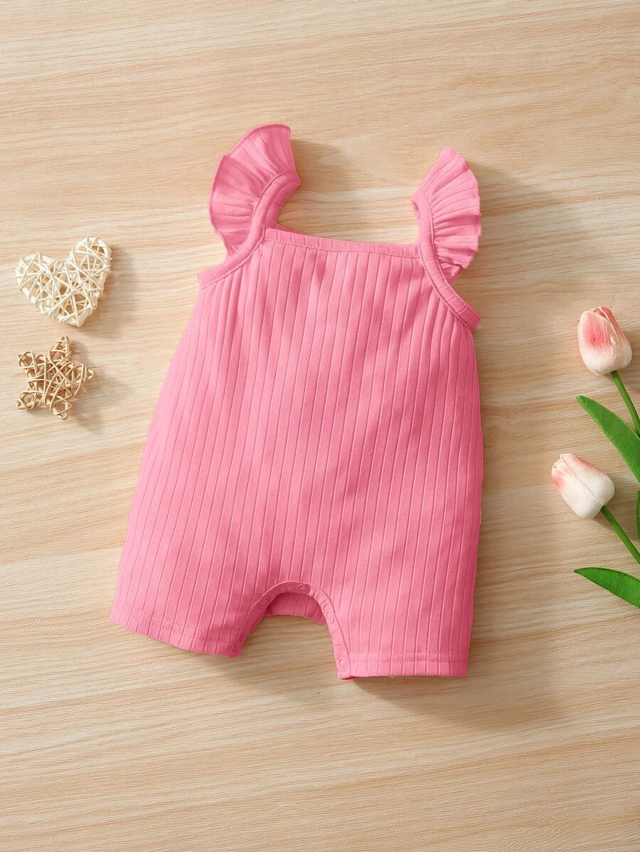 SHEIN Baby Ruffle Trim Pinafore Romper - Baby Pink - View 1