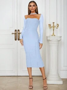 Lưới tương phản Tách rời Halter Neck Băng quấn váy - Màu xanh nhạt - Xem 1