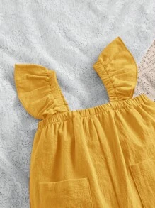 SHEIN 嬰兒荷葉邊口袋貼布背帶連身褲 - 黃色 - 查看 4