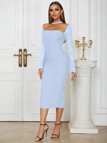 Lưới tương phản Tách rời Halter Neck Băng quấn váy - Màu xanh nhạt - Xem 4