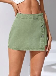 SHEIN Essnce 前紐扣牛仔裙褲 - 綠色 - 查看 5