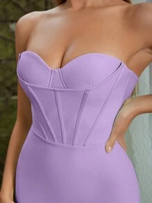 女士纯色绷带露背紧身迷你连衣裙 - 紫丁香色 - 查看 4