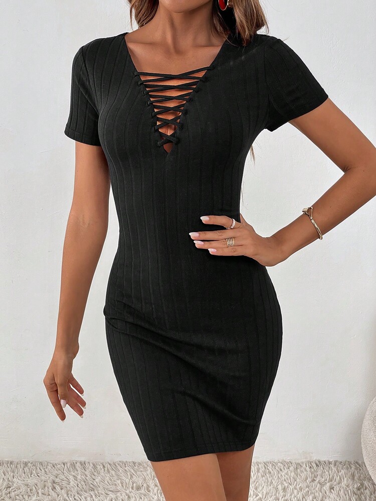 SHEIN Unity Đầm Hội Chữ thập Gân đan màu trơn Gợi cảm - màu đen - Xem 3