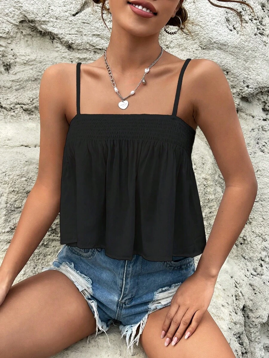 SHEIN EZwear 素色吊帶上衣 - 黑色 - 查看 1