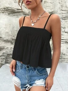 SHEIN EZwear 素色吊帶上衣 - 黑色 - 查看 3