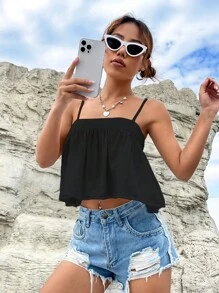 SHEIN EZwear 素色吊帶上衣 - 黑色 - 查看 4