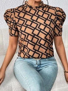 SHEIN Privé Áo sơ mi nữ Nút viền lá sen Hình học Tất cả trên in Giải trí - Nhiều màu - Xem 5