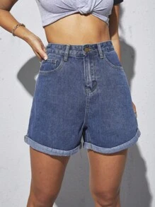 SHEIN EZwear Rolled Hem Wide Leg Denim Shorts - Medium Wash - View 1