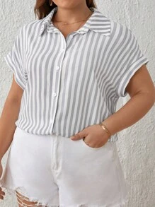 SHEIN Frenchy 大码波西米亚风条纹印花蝙蝠袖衬衫，适合夏季 - 彩色 - 查看 1